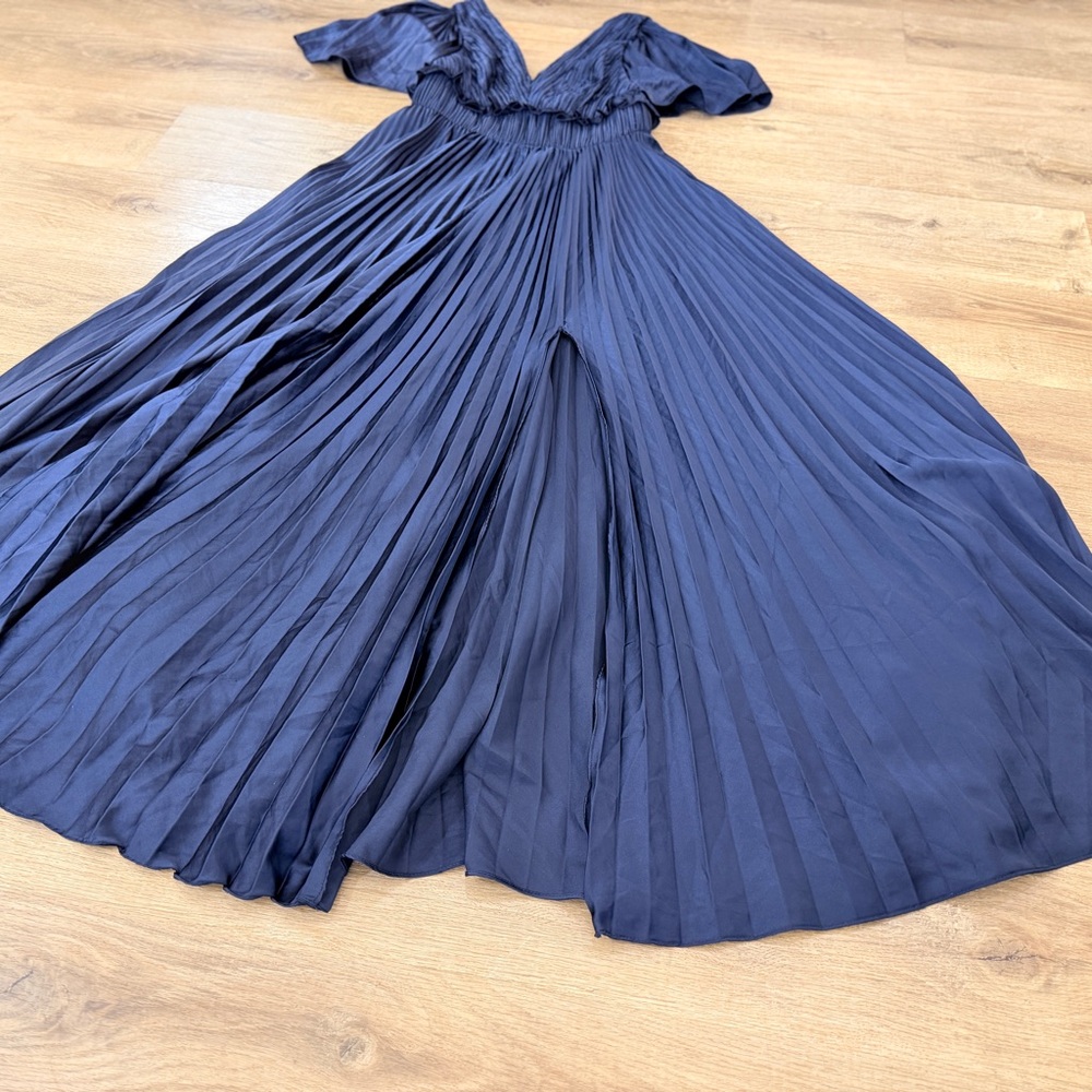 AMUR Suze Gown Deep Blue Pleated Front Slit Maxi Dress
